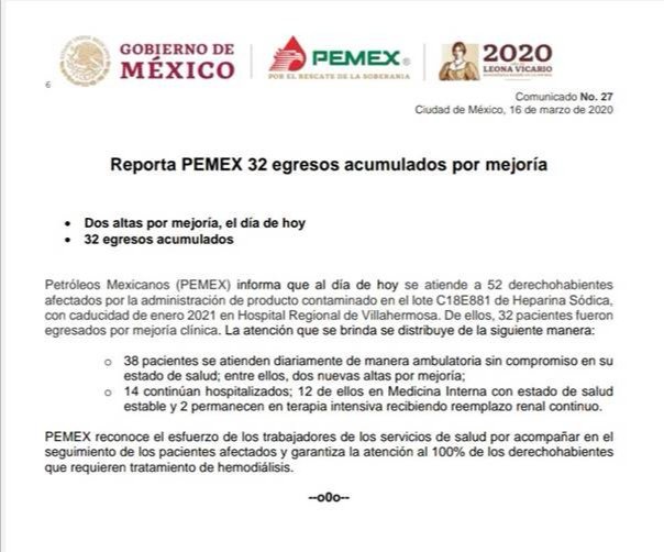 Reporta PEMEX 32 egresos acumulados por mejoría