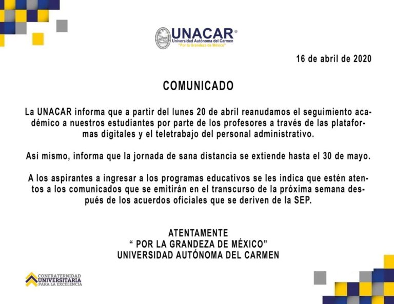 Unacar, El 20 de abril regreso a clase virtual