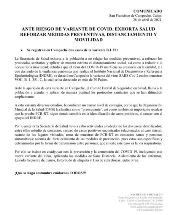 Se registran en Campeche dos casos de la variante B.1.351