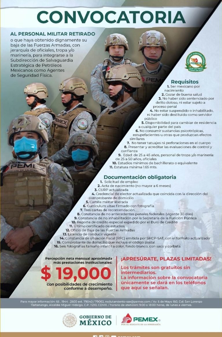 Invita Pemex a militares en retiro a incorporarse a la Subdirección de Salvaguardia Estratégica